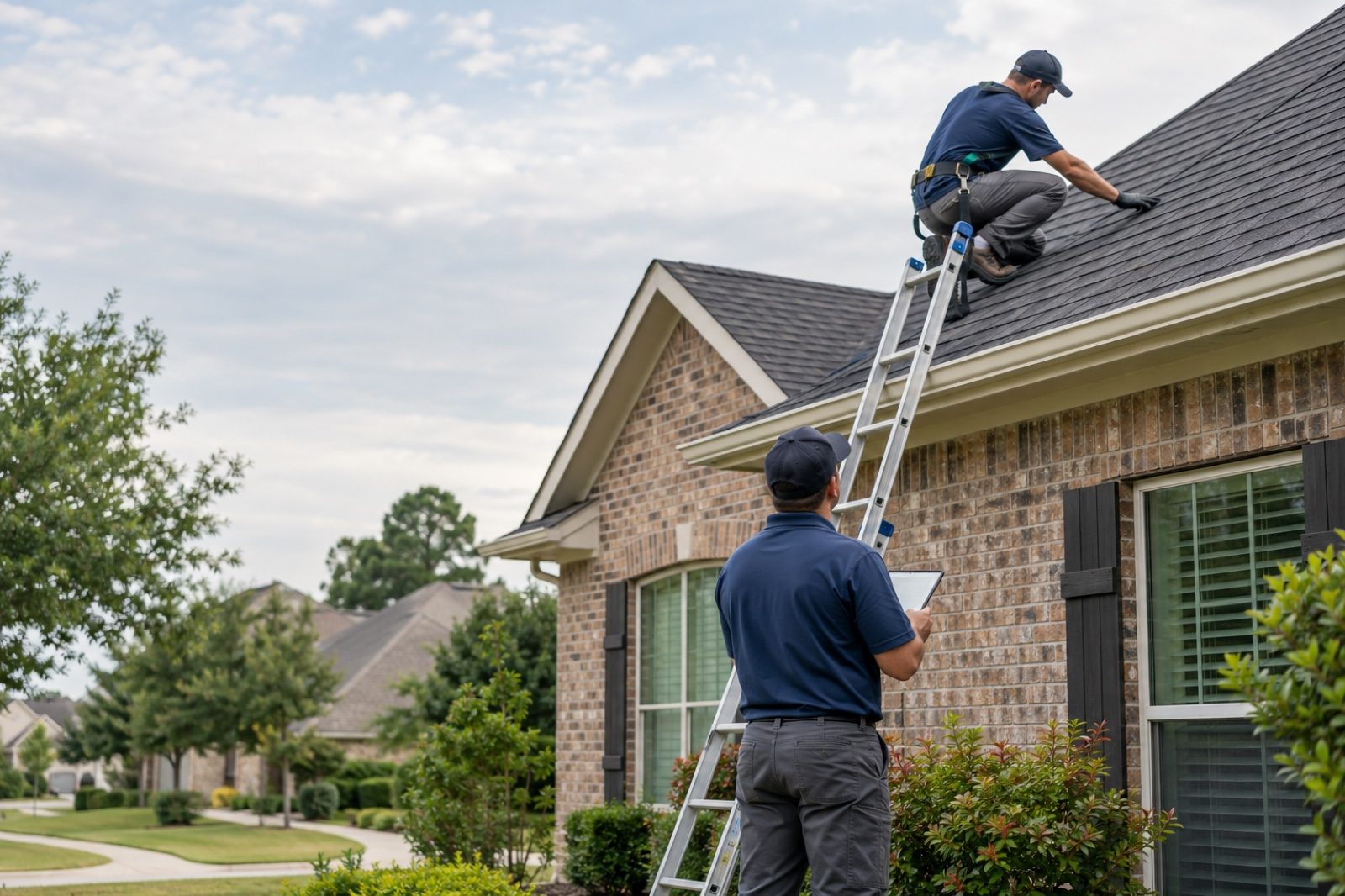 Service professionals inspecting a residential roof