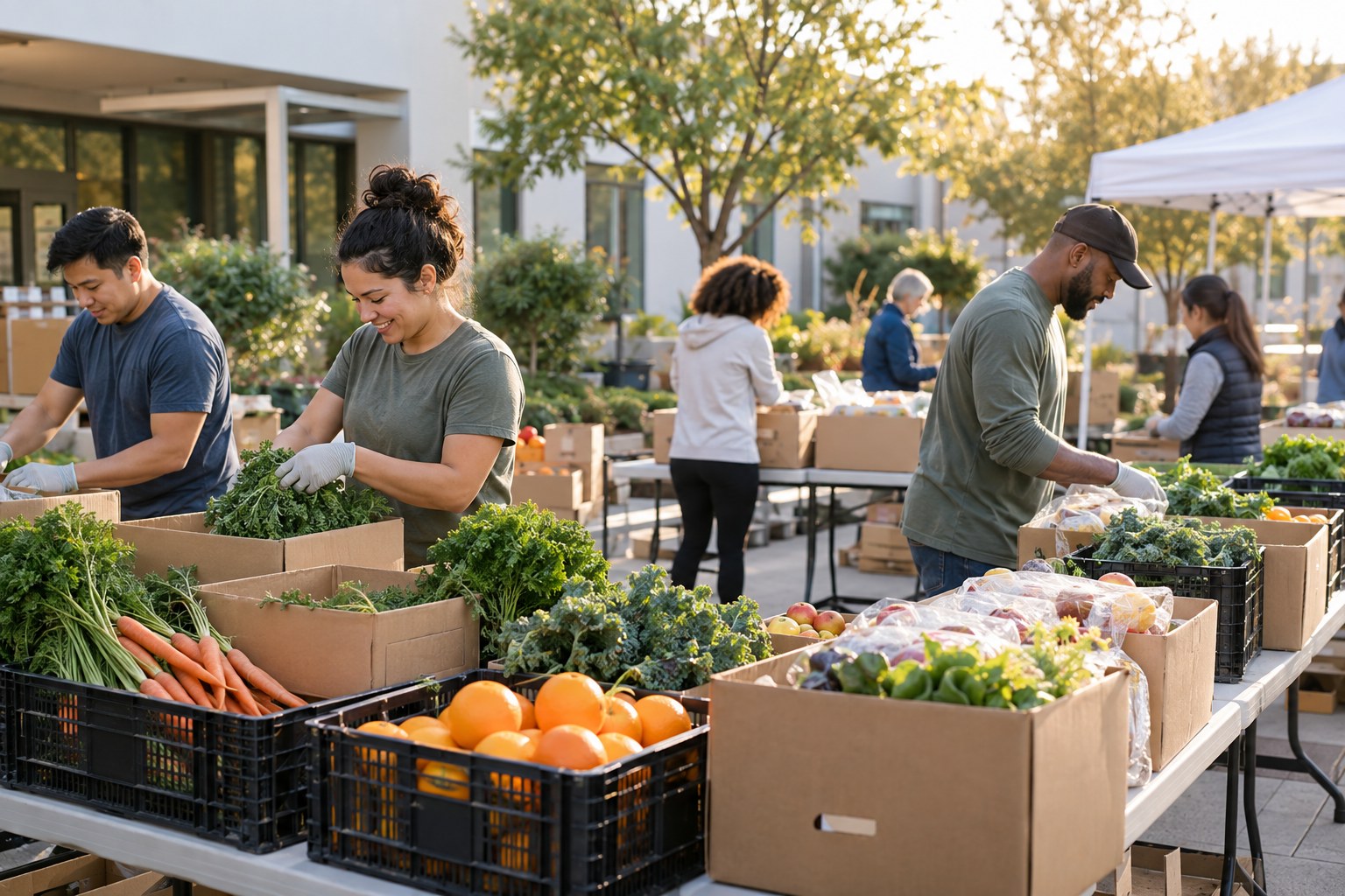 Volunteers organize fresh produce and grocery boxes at a welcoming neighborhood food distribution day.