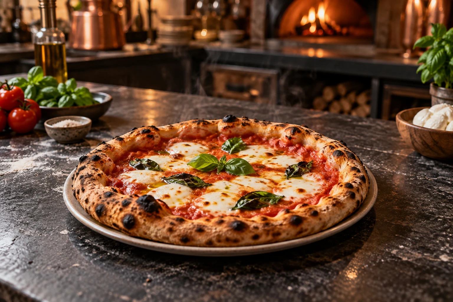 Fresh artisan pizza with basil on a dark stone counter in warm pizzeria light.