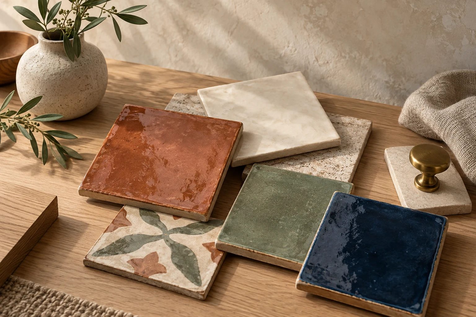 Artisan tiles and home decor samples on a warm tabletop.