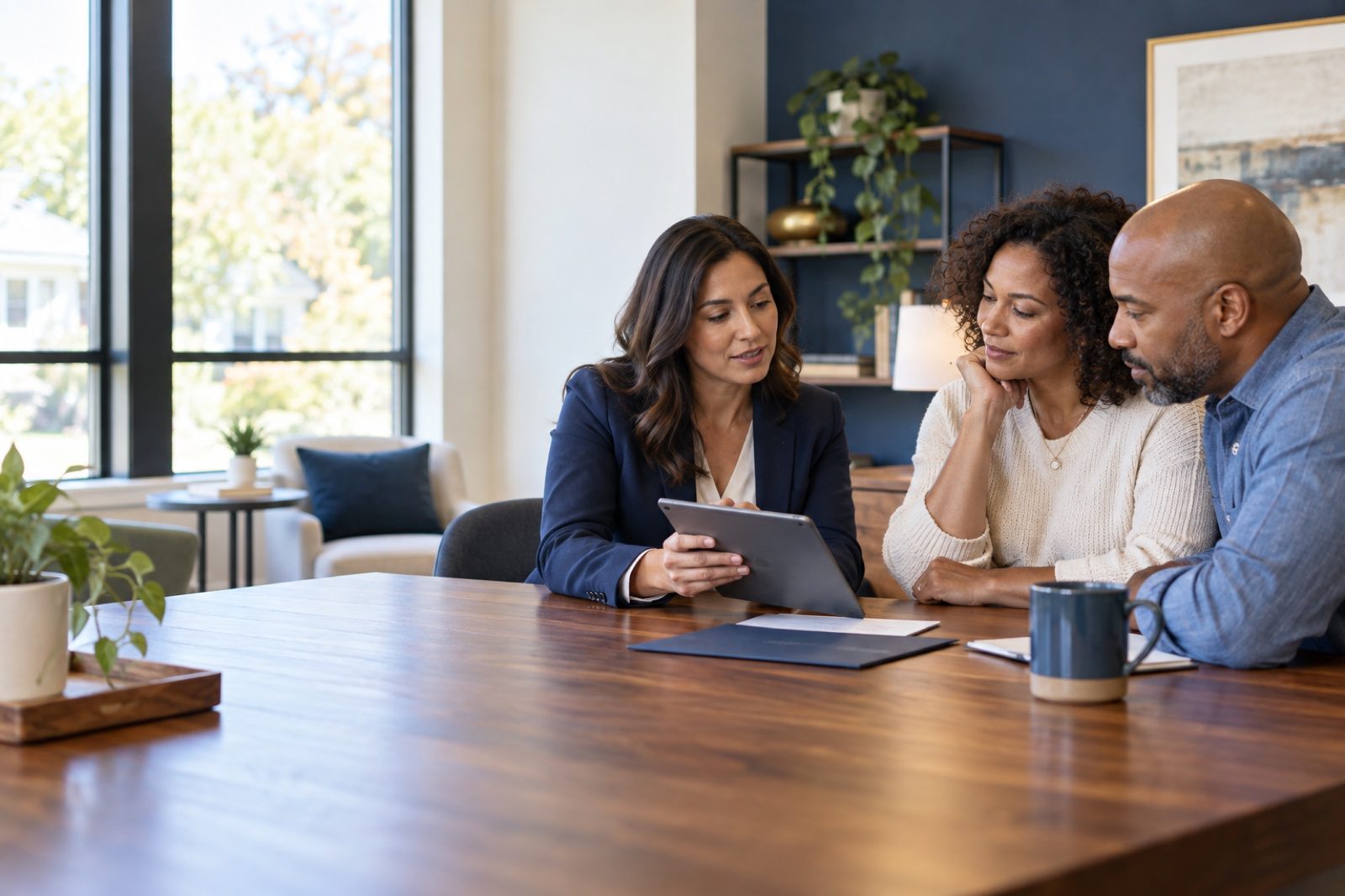 Independent advisor reviewing options with clients in an office